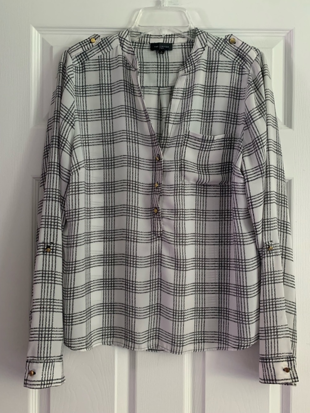 The Limited Black White Split Neck Tunic Roll Tab 3/4 Sleeve Small Women